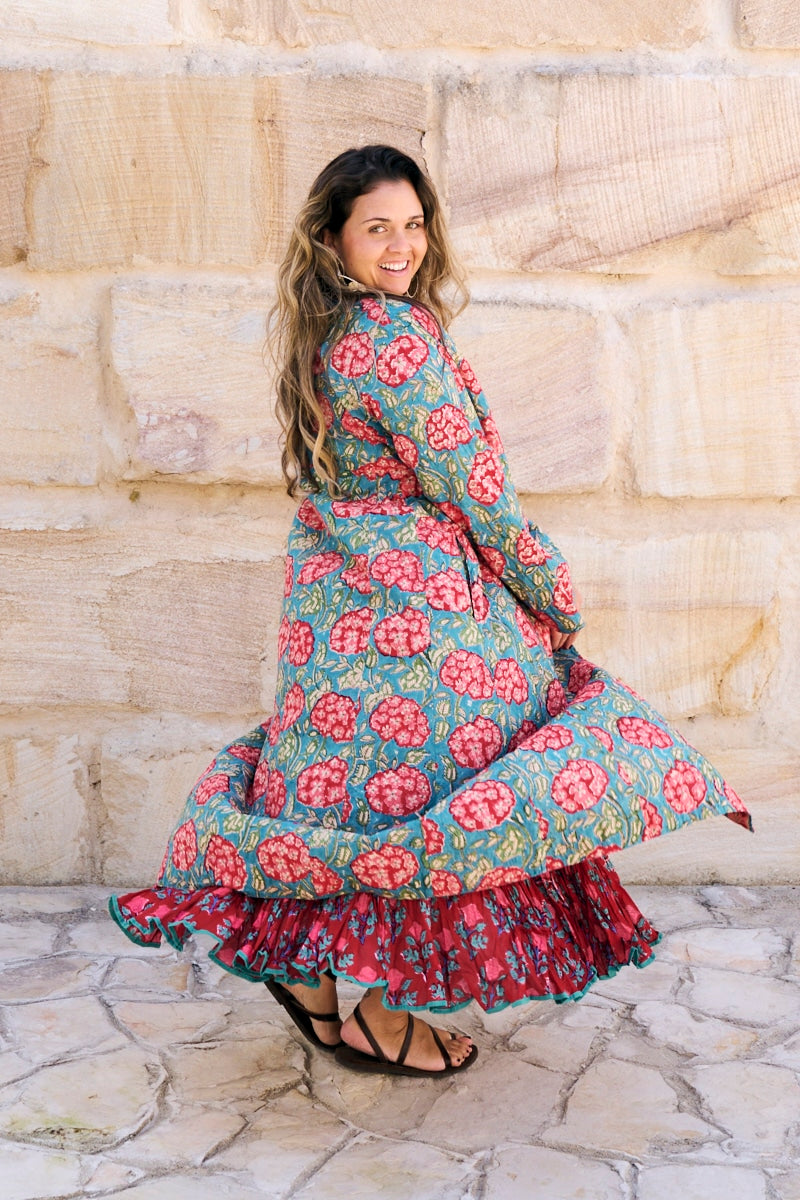 Womens, Tula Coat in Bellisse, Flamenco Dress with sleeves, midi, in Ruby Veda. 100% Cotton, hand block print.