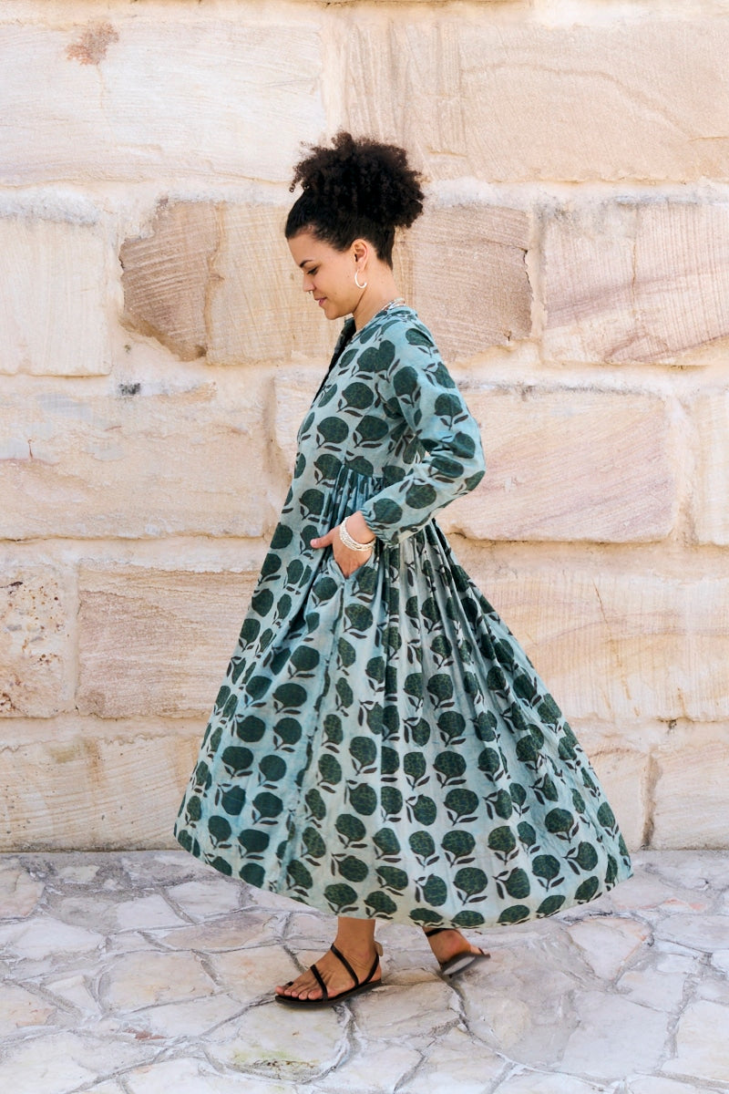 Womens Erika dress, 100% cotton, hand block print. In natural Naspal Figaris print.