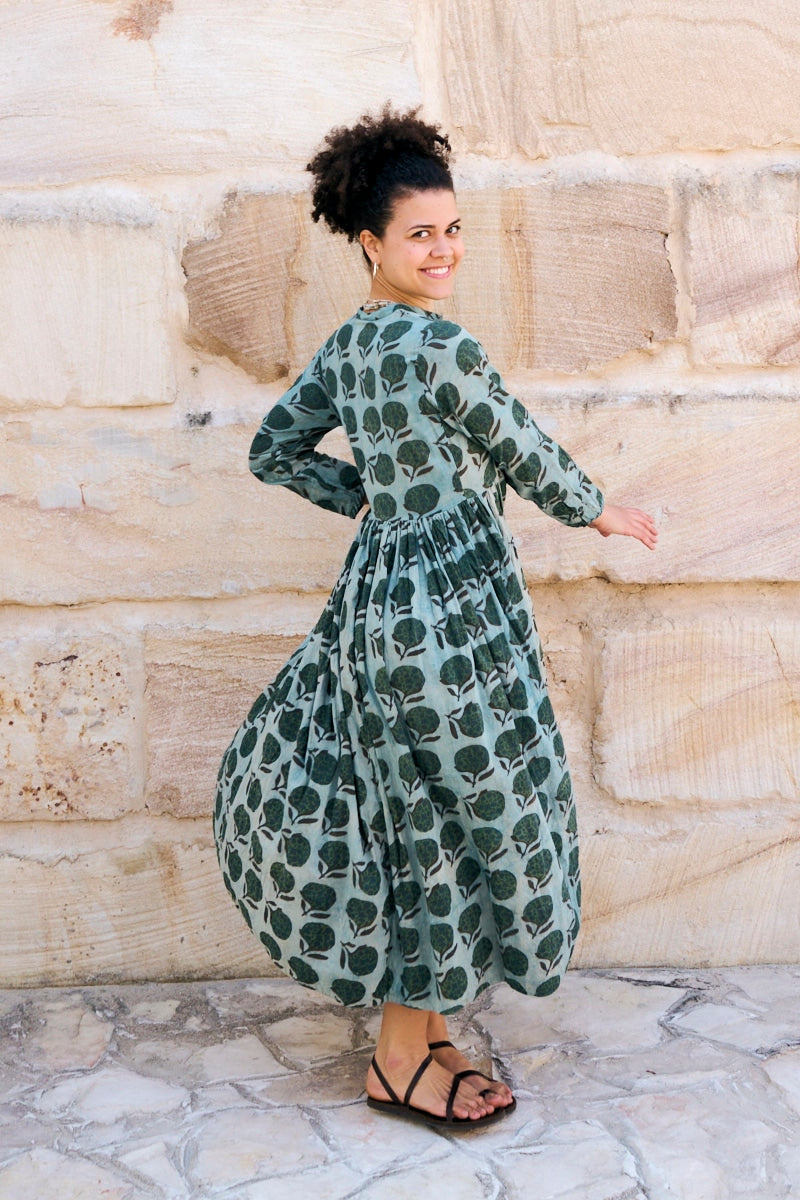 Womens Erika dress, 100% cotton, hand block print. In natural Naspal Figaris print.