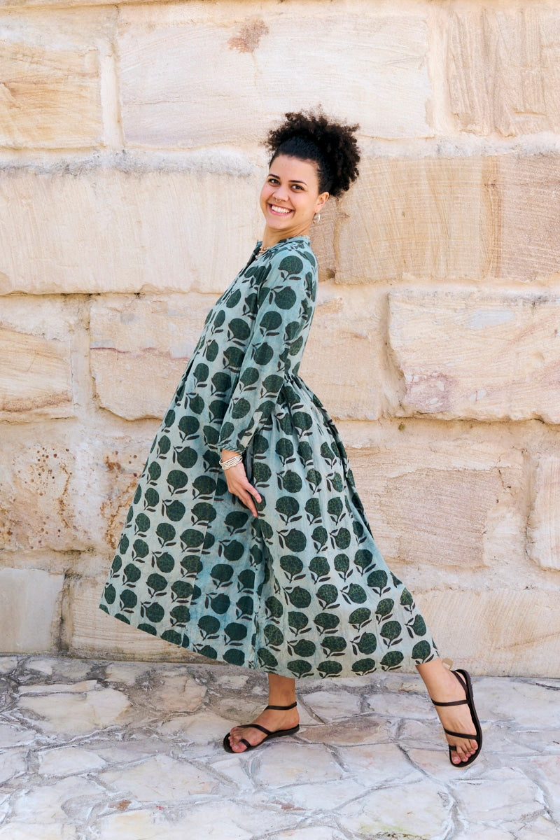 Womens Erika dress, 100% cotton, hand block print. In natural Naspal Figaris print.