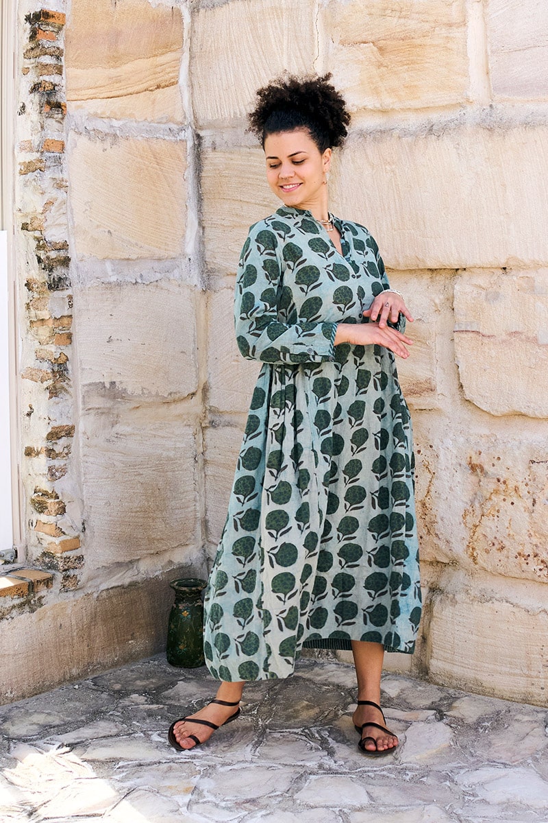 Womens Erika dress, 100% cotton, hand block print. In natural Naspal Figaris print.