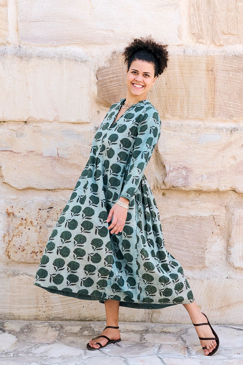 Womens Erika dress, 100% cotton, hand block print. In natural Naspal Figaris print.