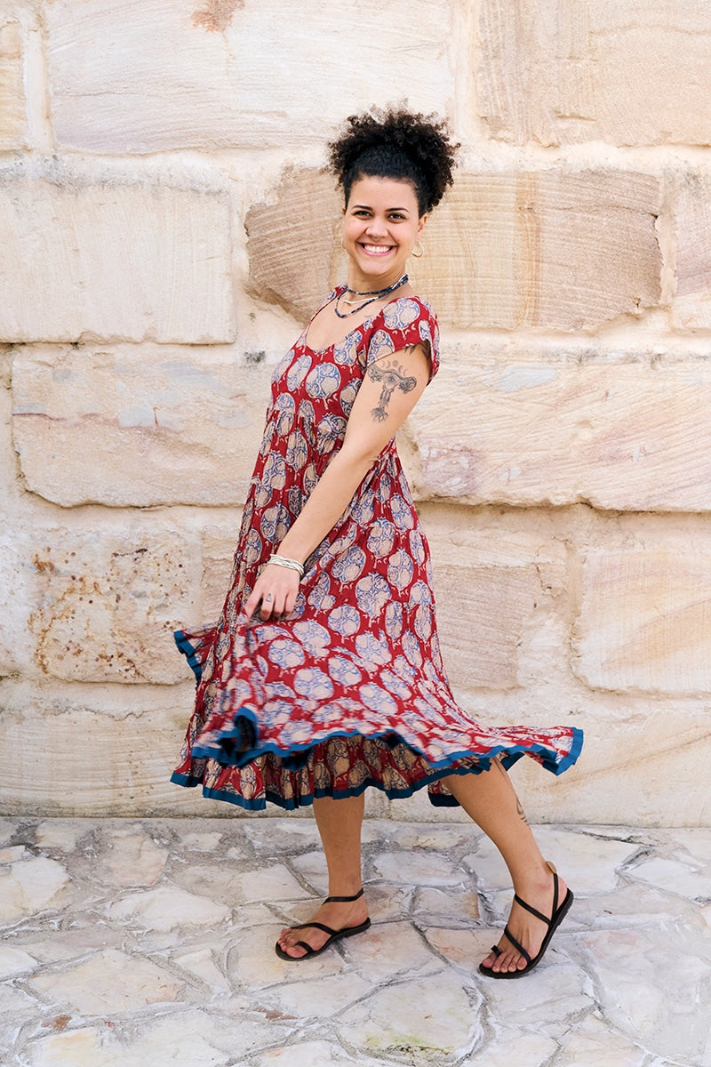 Womens Jalabi dress, 100% cotton, hand block print. In red Pomeray