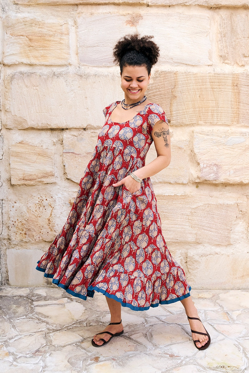 Womens Jalabi dress, 100% cotton, hand block print. In red Pomeray