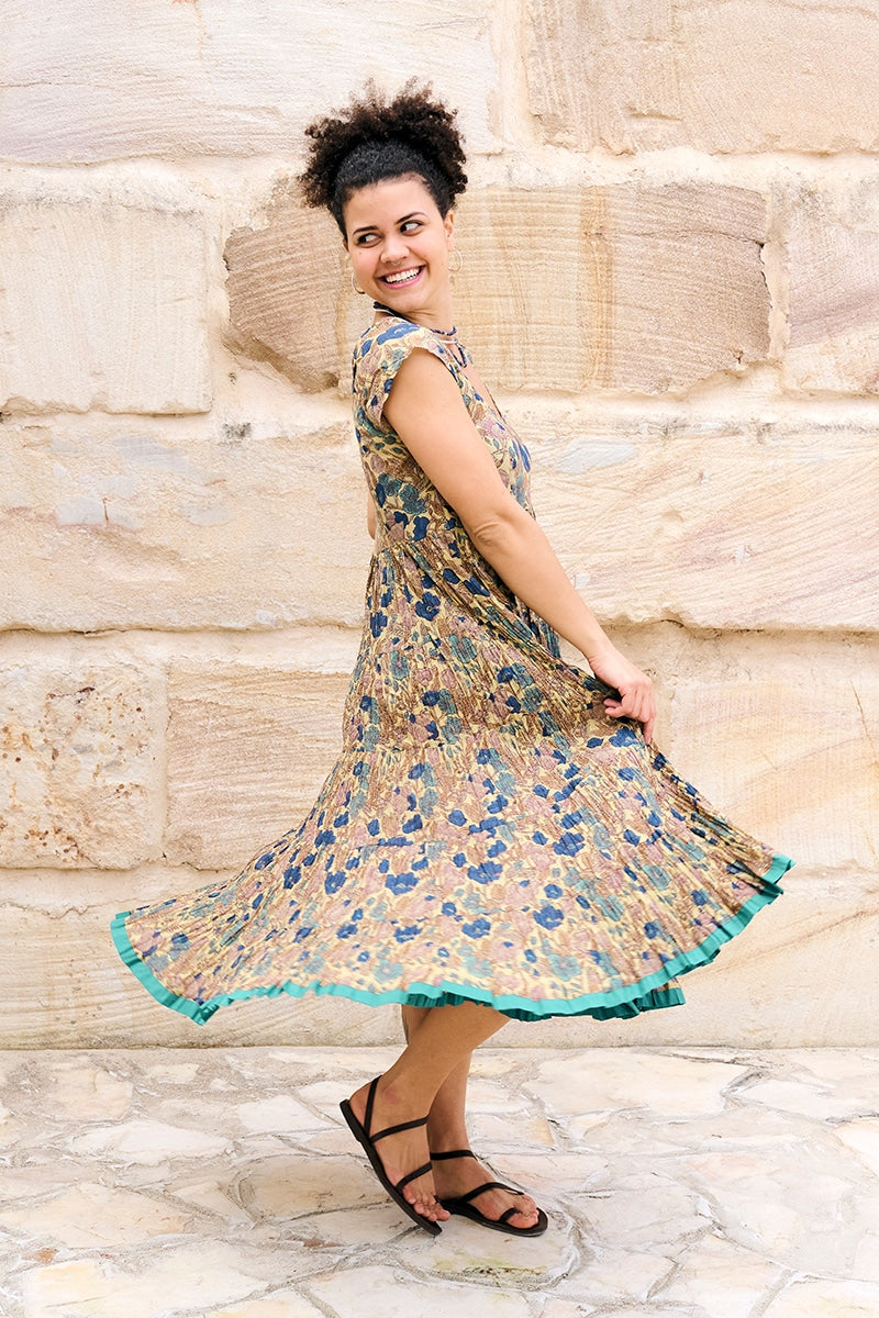 Womens Jalabi dress, 100% cotton, hand block print. In Myridia print