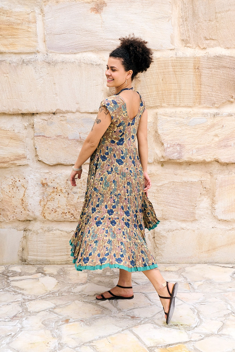 Womens Jalabi dress, 100% cotton, hand block print. In Myridia print