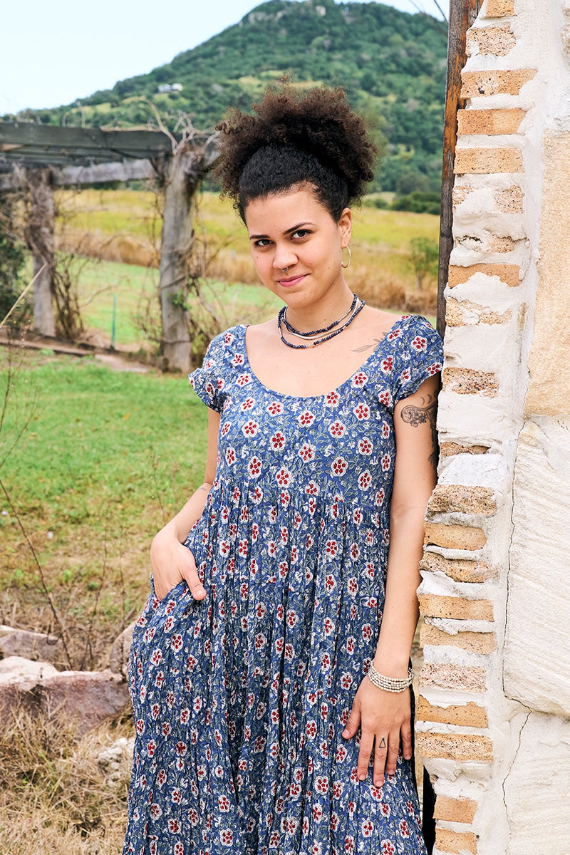 Womens Jalabi dress, 100% cotton, hand block print. In Folk Flower print