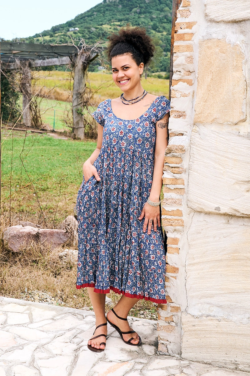 Womens Jalabi dress, 100% cotton, hand block print. In Folk Flower print