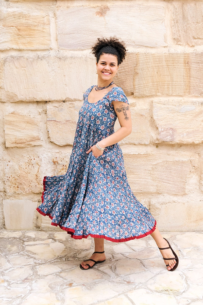 Womens Jalabi dress, 100% cotton, hand block print. In Folk Flower print