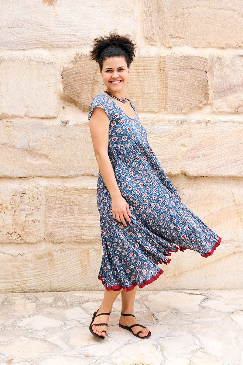 Womens Jalabi dress, 100% cotton, hand block print. In Folk Flower print