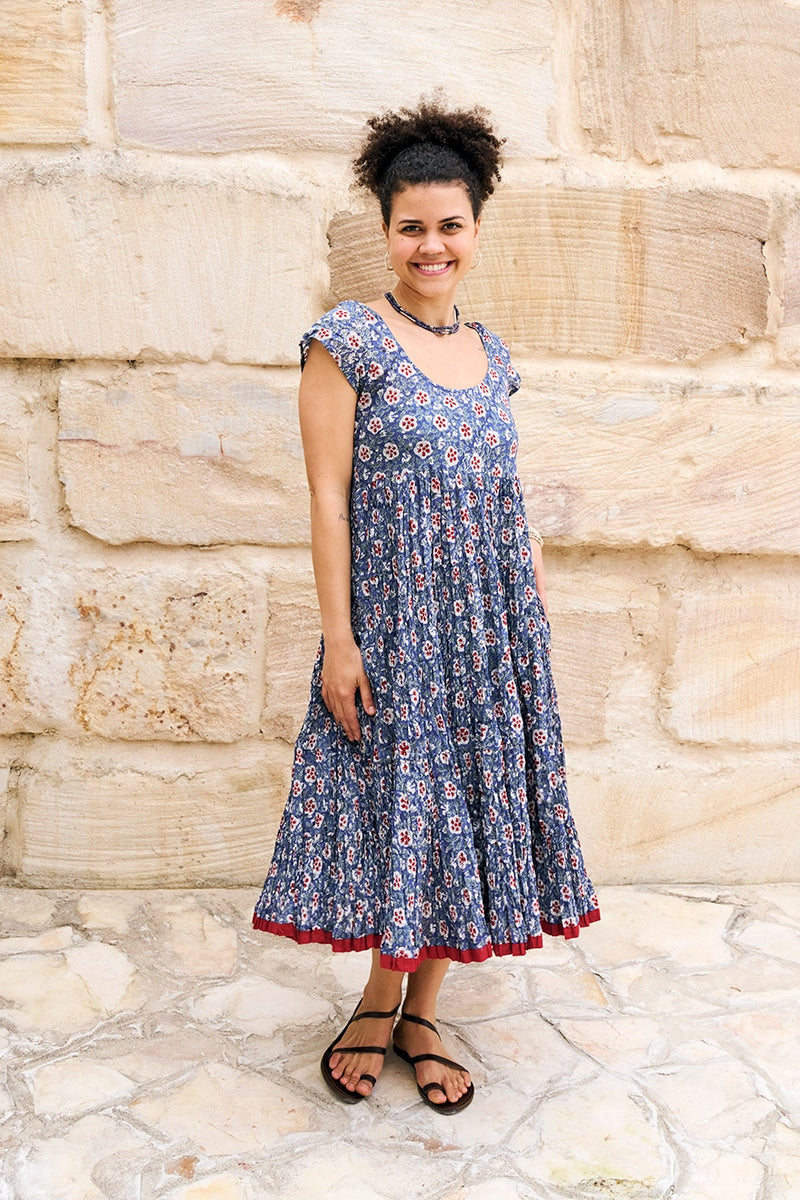 Womens Jalabi dress, 100% cotton, hand block print. In Folk Flower print