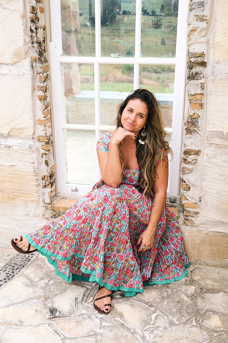 Womens Jalabi dress, 100% cotton, hand block print. In Serenade print