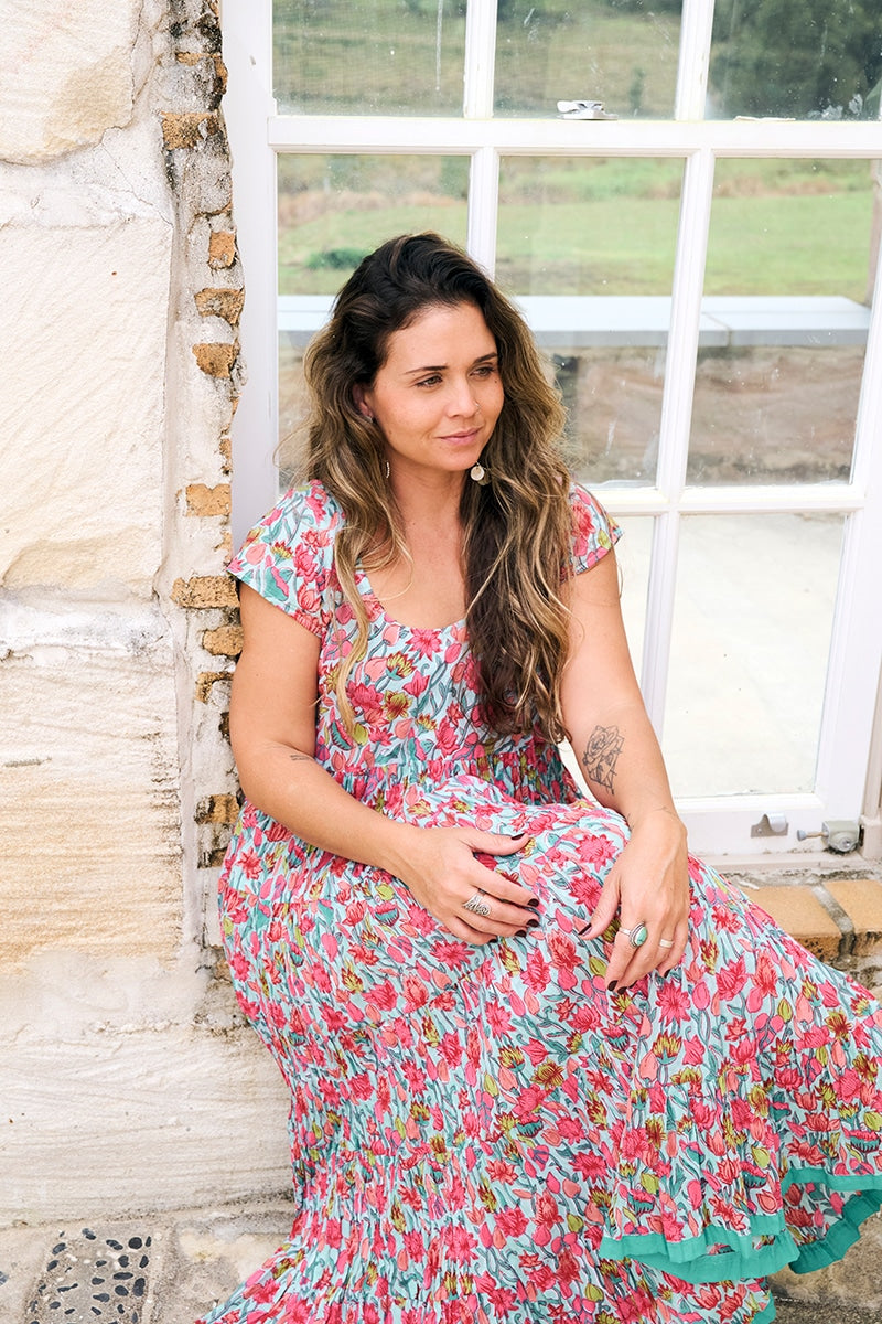 Womens Jalabi dress, 100% cotton, hand block print. In Serenade print