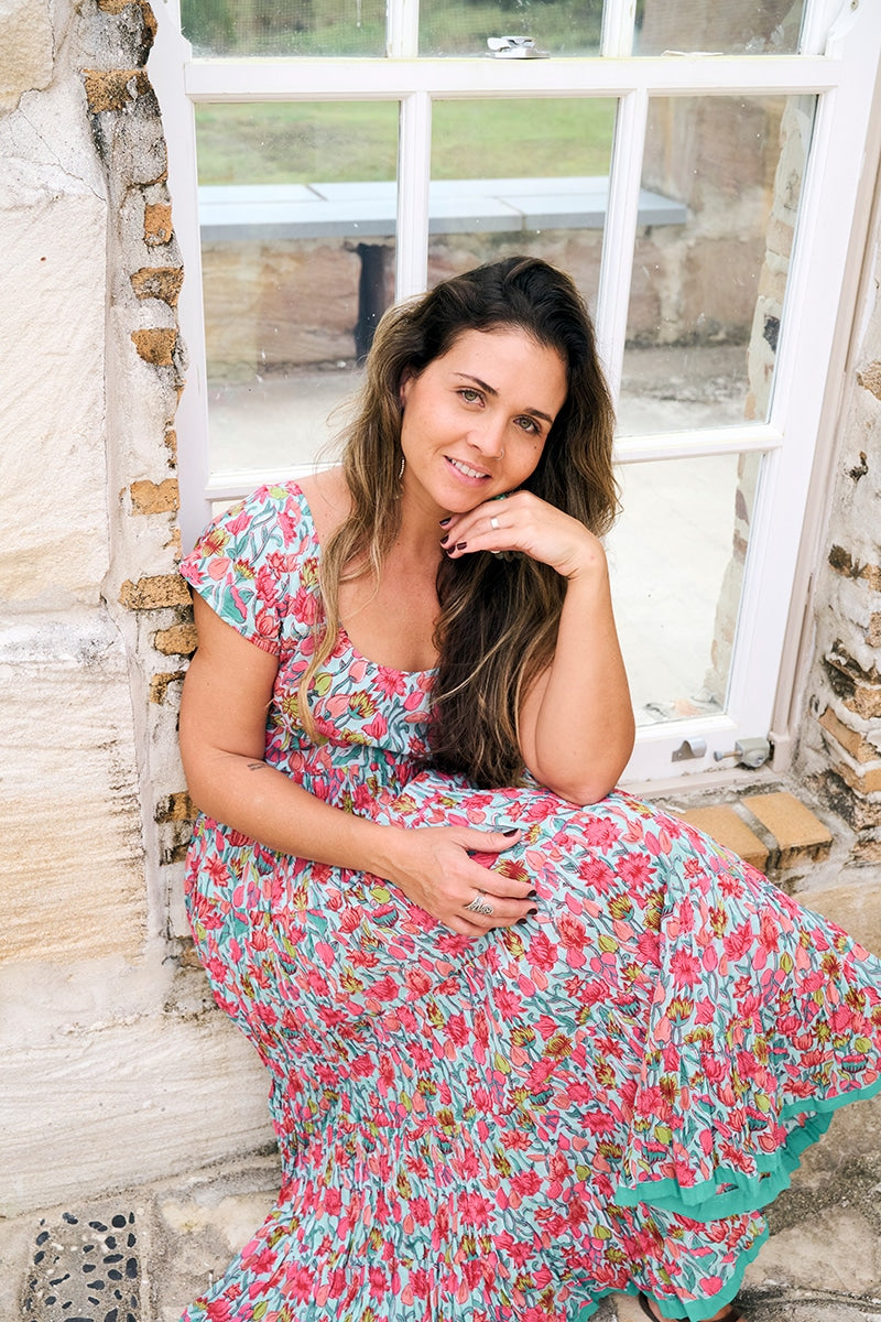 Womens Jalabi dress, 100% cotton, hand block print. In Serenade print