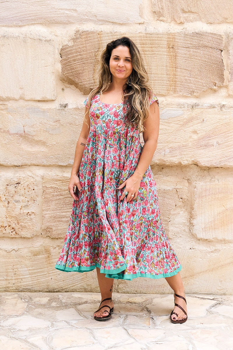 Womens Jalabi dress, 100% cotton, hand block print. In Serenade print