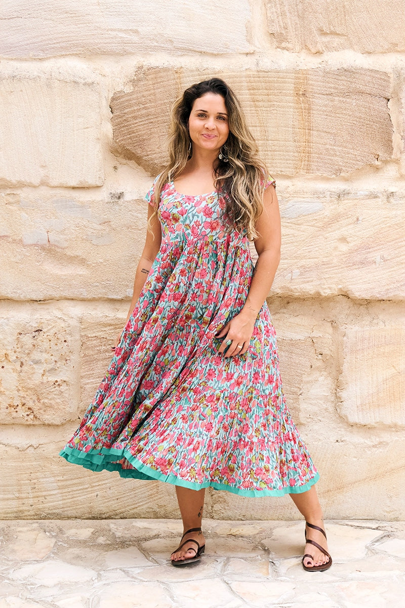 Womens Jalabi dress, 100% cotton, hand block print. In Serenade print