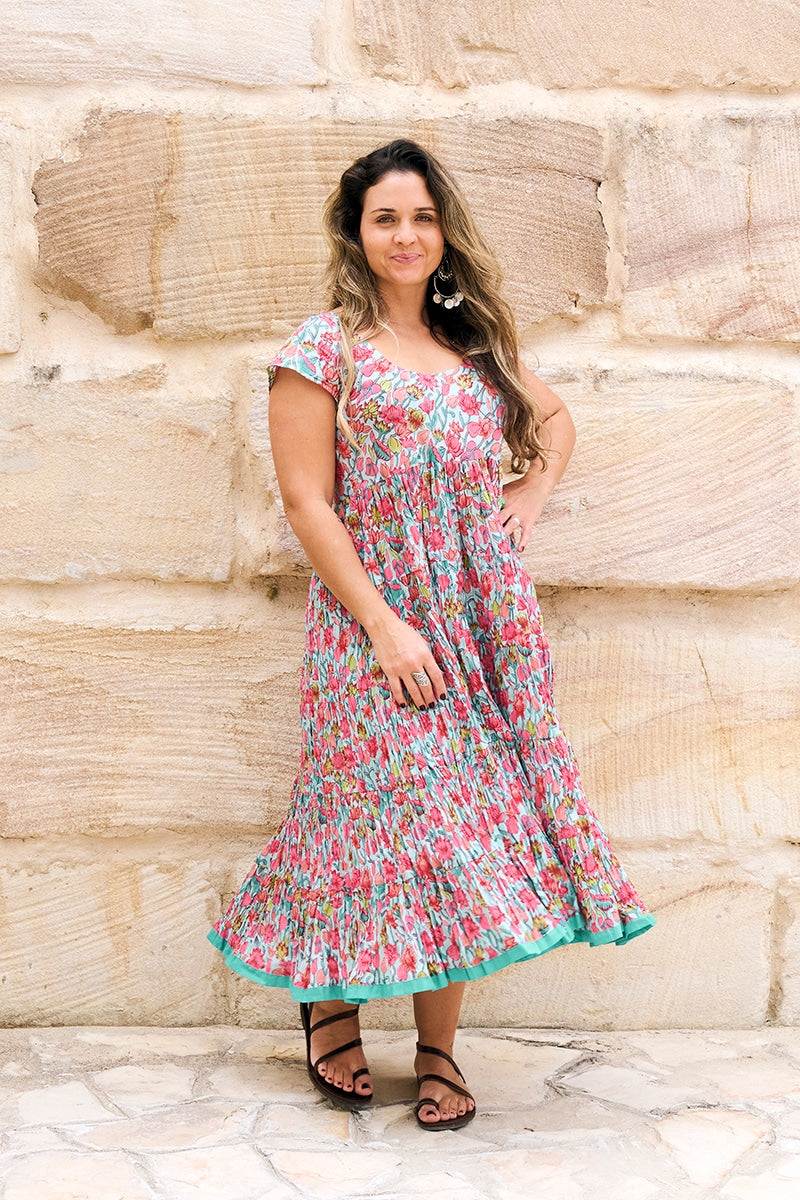 Womens Jalabi dress, 100% cotton, hand block print. In Serenade print