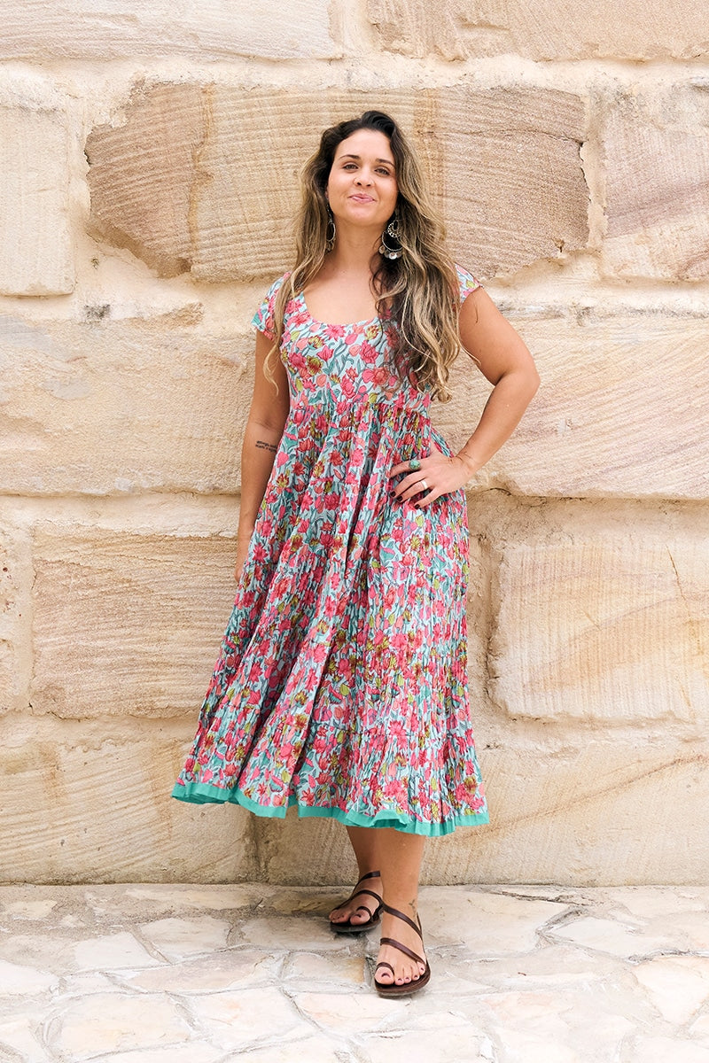 Womens Jalabi dress, 100% cotton, hand block print. In Serenade print