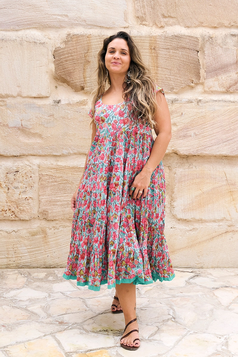 Womens Jalabi dress, 100% cotton, hand block print. In Serenade print
