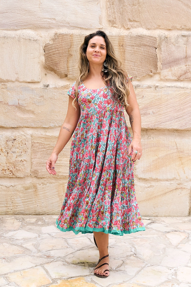 Womens Jalabi dress, 100% cotton, hand block print. In Serenade print