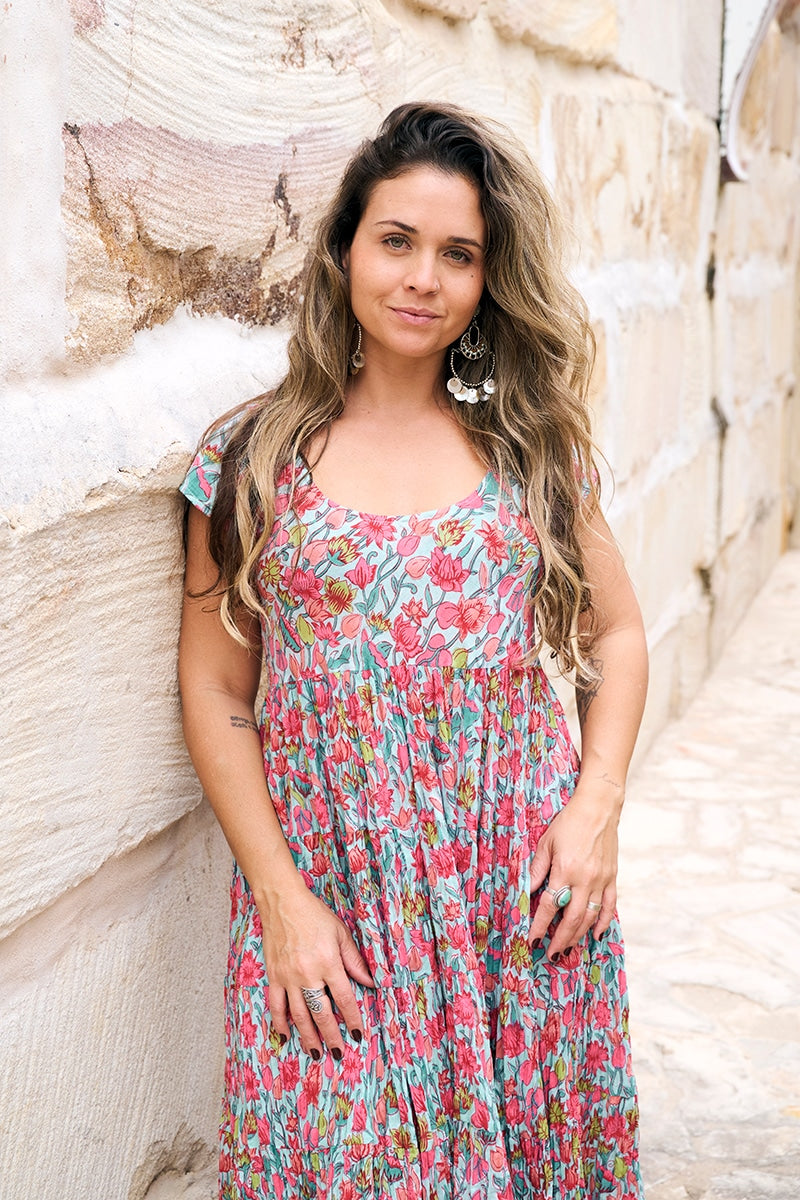 Womens Jalabi dress, 100% cotton, hand block print. In Serenade print