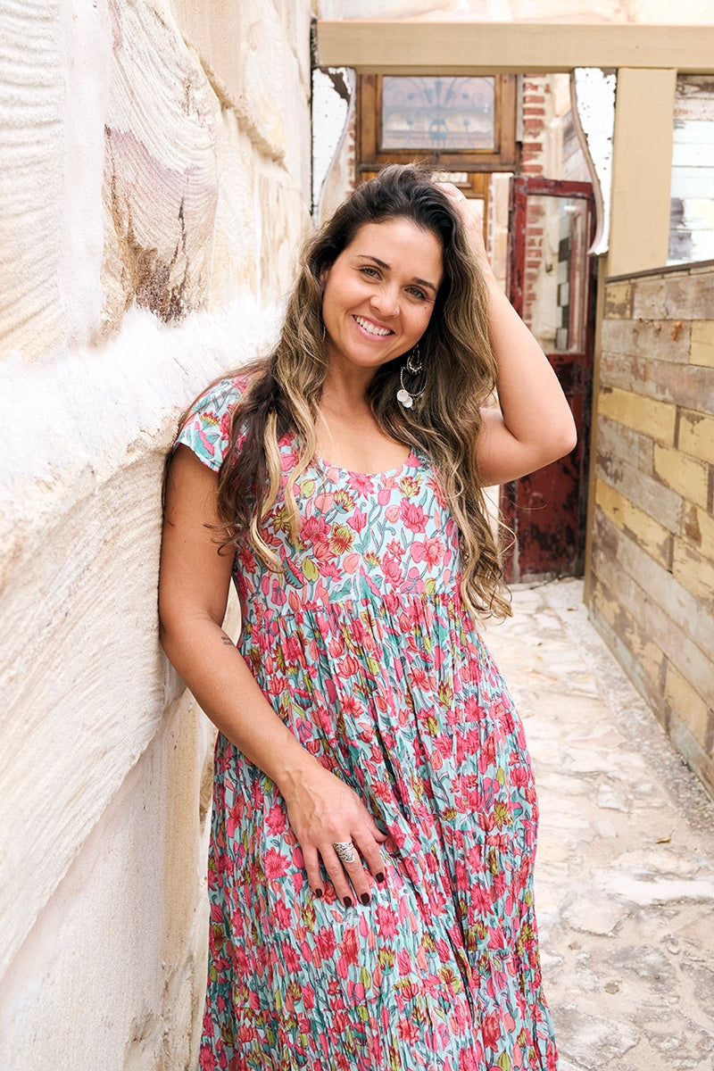 Womens Jalabi dress, 100% cotton, hand block print. In Serenade print