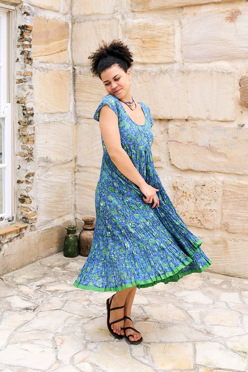 Womens Jalabi dress, 100% cotton, hand block print. In blue green Wren