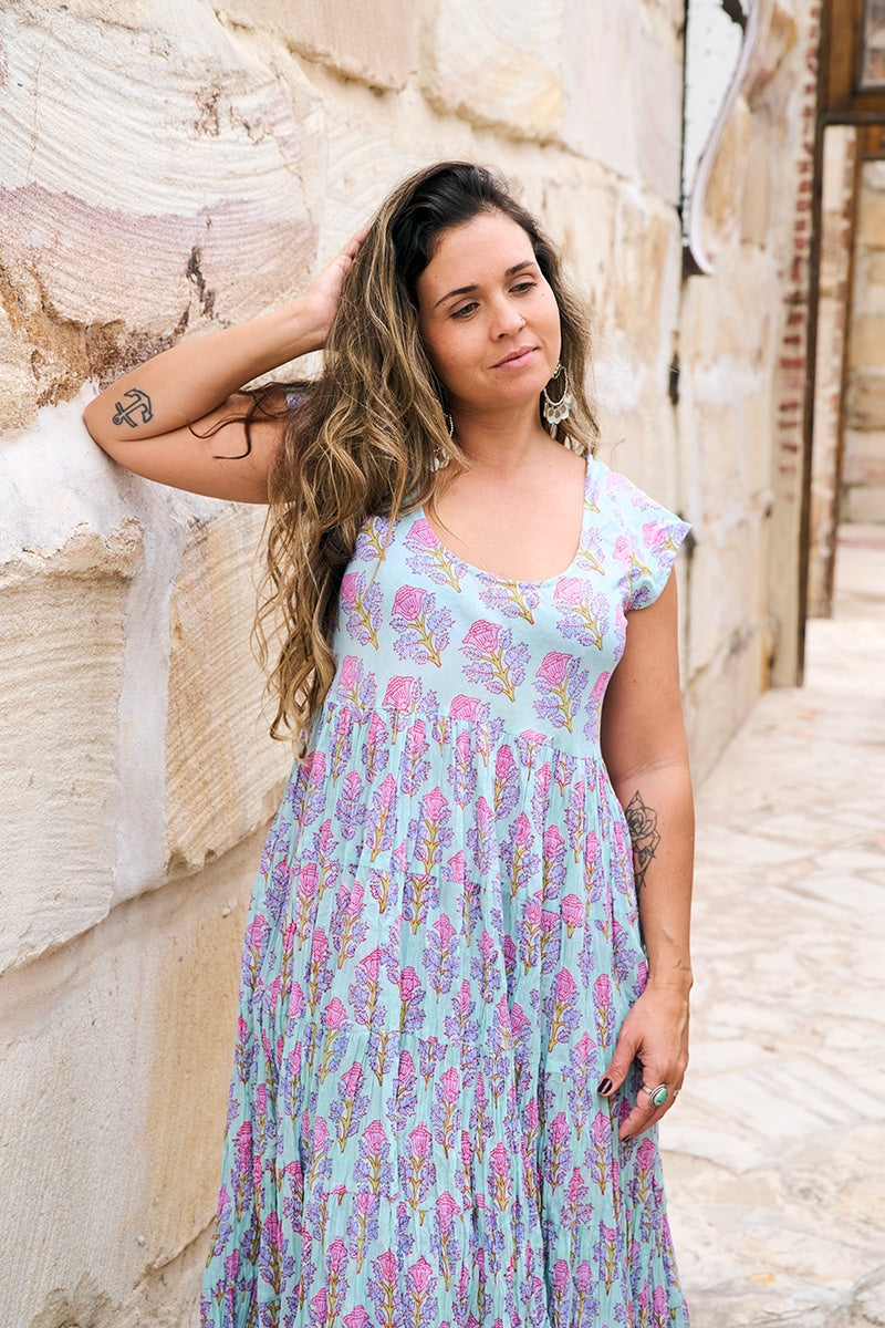 Womens Jalabi dress, 100% cotton, hand block print. In Mist Flower print