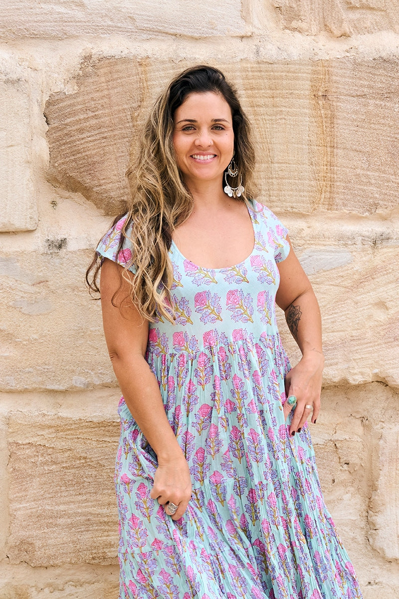 Womens Jalabi dress, 100% cotton, hand block print. In Mist Flower print