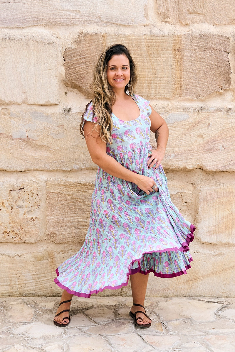 Womens Jalabi dress, 100% cotton, hand block print. In Mist Flower print