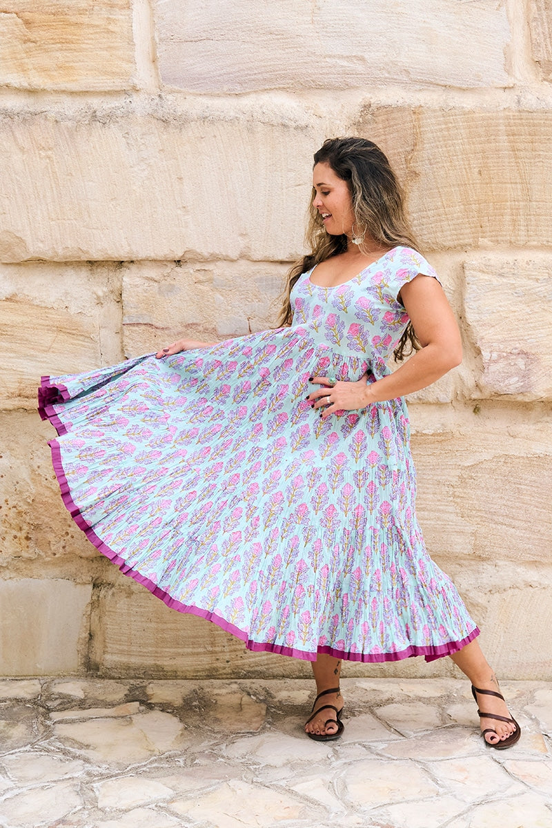 Womens Jalabi dress, 100% cotton, hand block print. In Mist Flower print