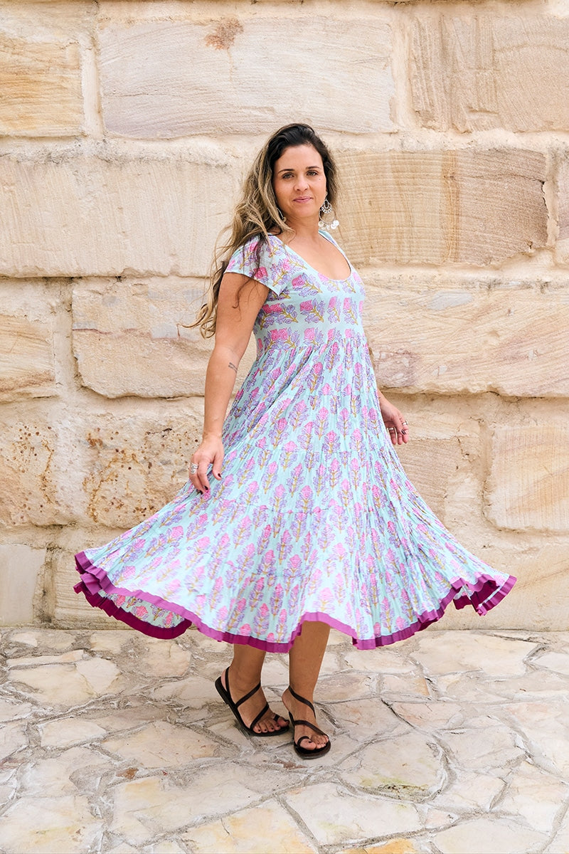 Womens Jalabi dress, 100% cotton, hand block print. In Mist Flower print