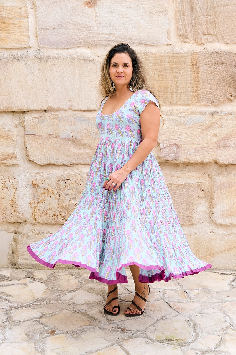 Womens Jalabi dress, 100% cotton, hand block print. In Mist Flower print