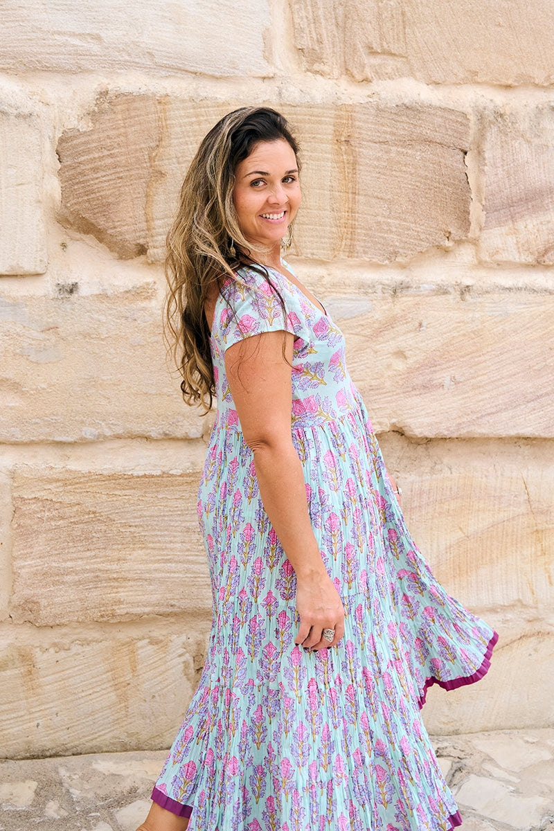 Womens Jalabi dress, 100% cotton, hand block print. In Mist Flower print