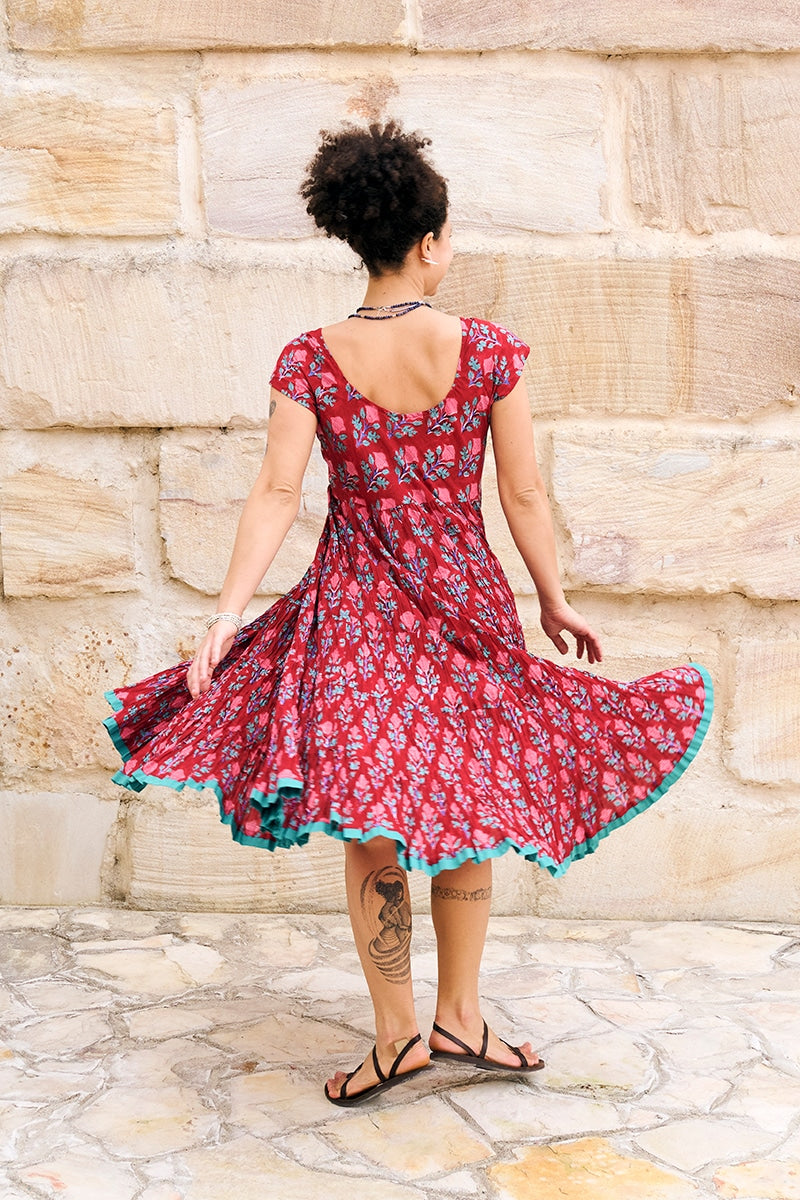 Womens Jalabi dress, 100% cotton, hand block print. In Ruby Veda print