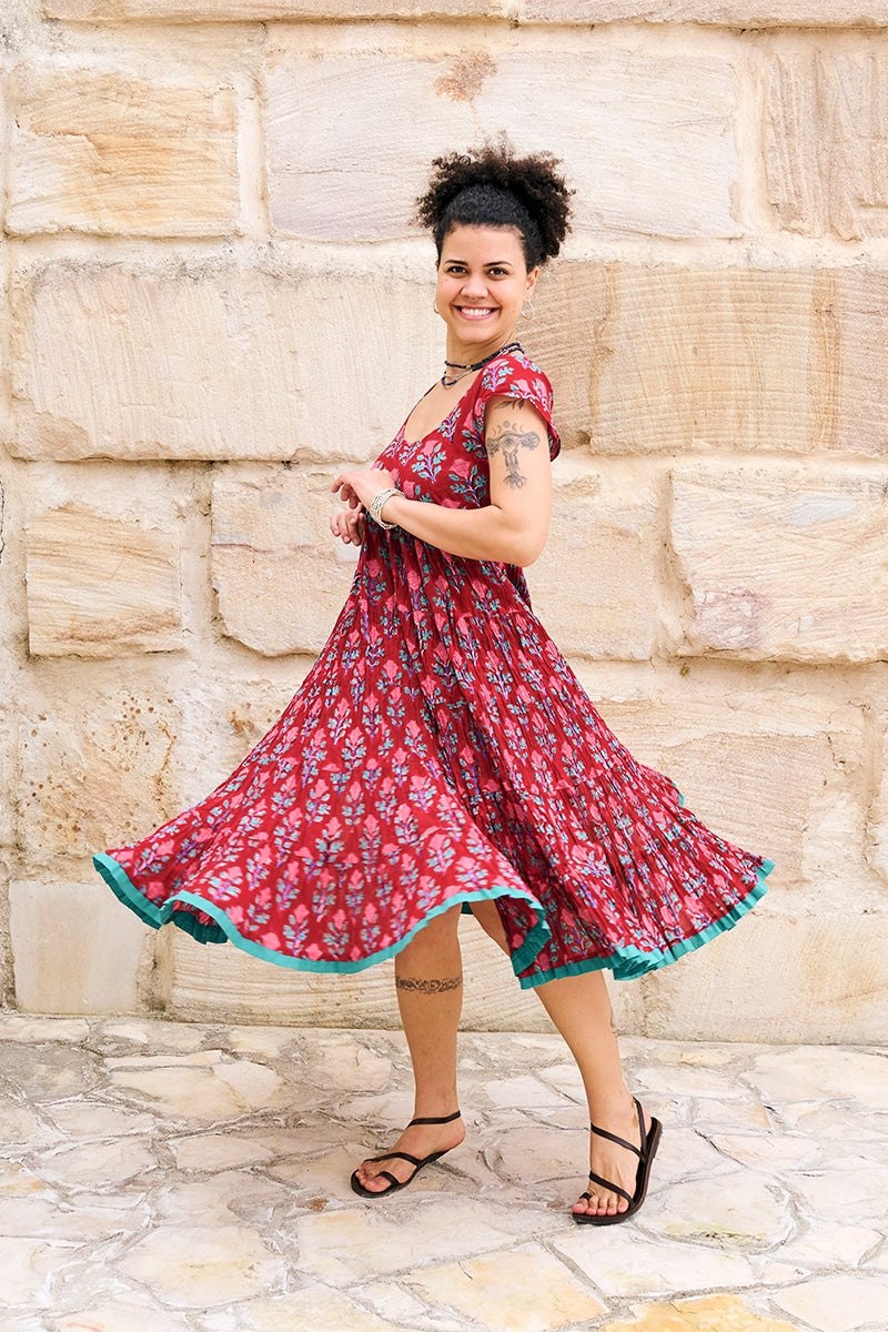 Womens Jalabi dress, 100% cotton, hand block print. In Ruby Veda print