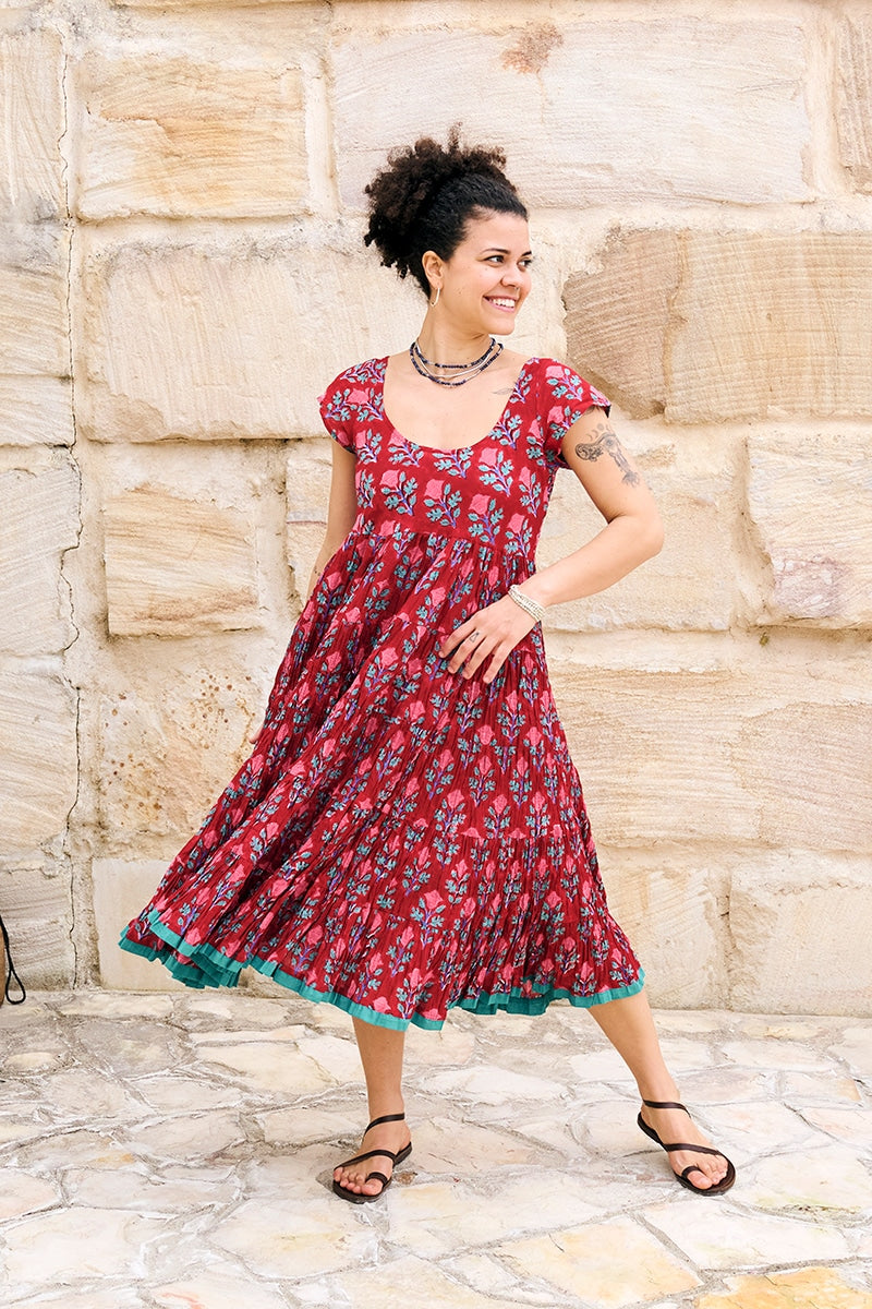 Womens Jalabi dress, 100% cotton, hand block print. In Ruby Veda print