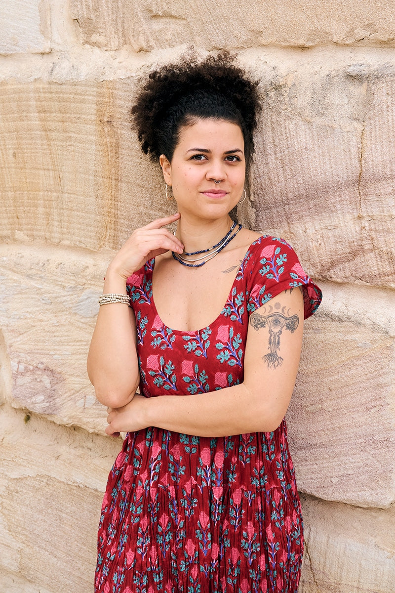 Womens Jalabi dress, 100% cotton, hand block print. In Ruby Veda print