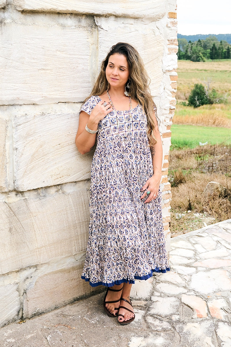 Womens Jalabi dress, 100% cotton, hand block print. In soft blue & lilac Morning Dew print.