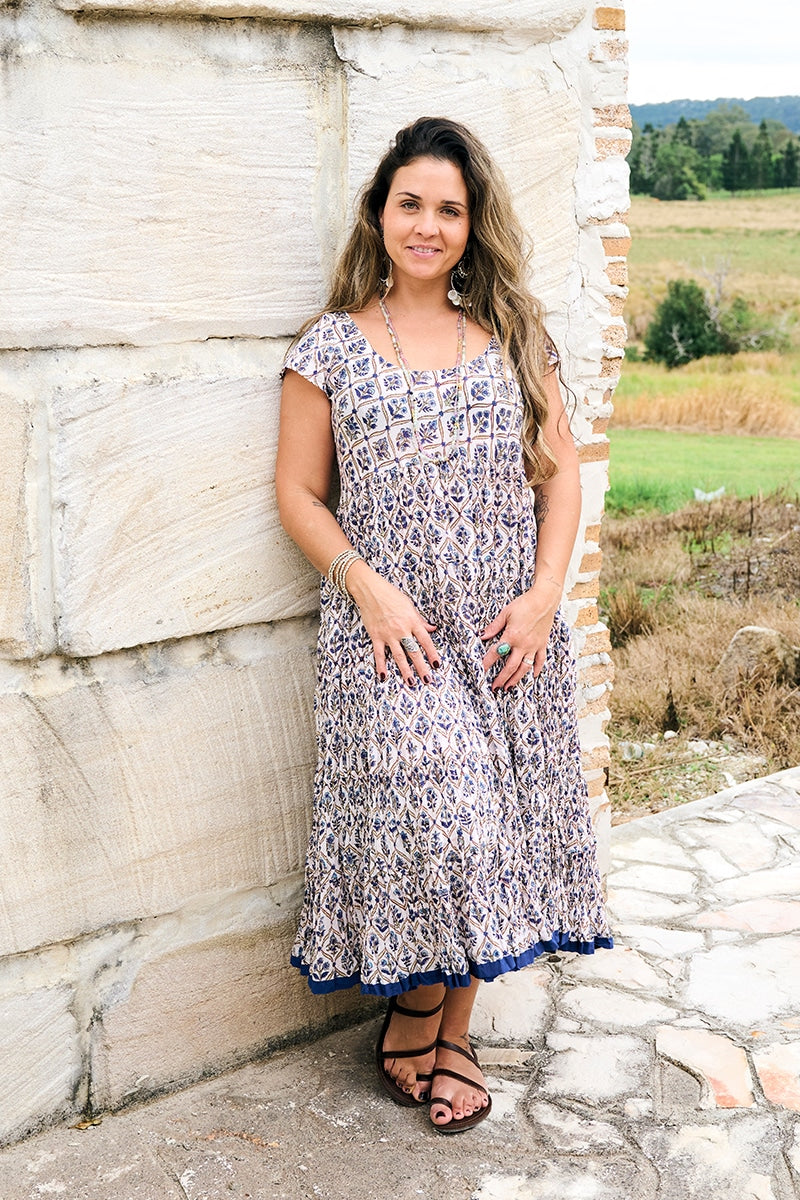 Womens Jalabi dress, 100% cotton, hand block print. In soft blue & lilac Morning Dew print.