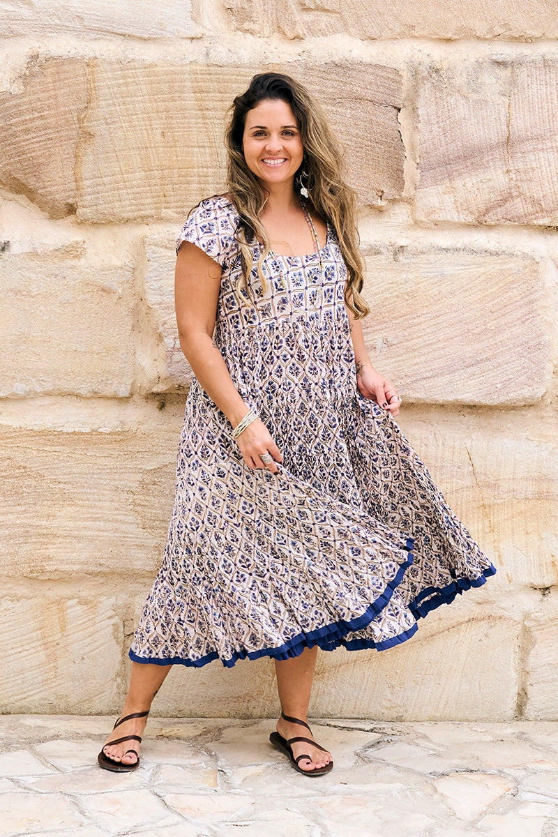 Womens Jalabi dress, 100% cotton, hand block print. In soft blue & lilac Morning Dew print.