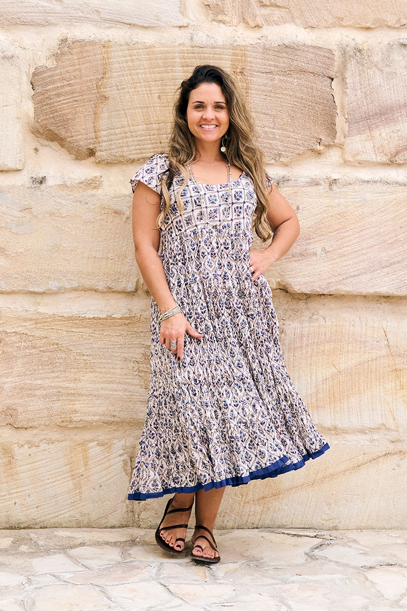 Womens Jalabi dress, 100% cotton, hand block print. In soft blue & lilac Morning Dew print.