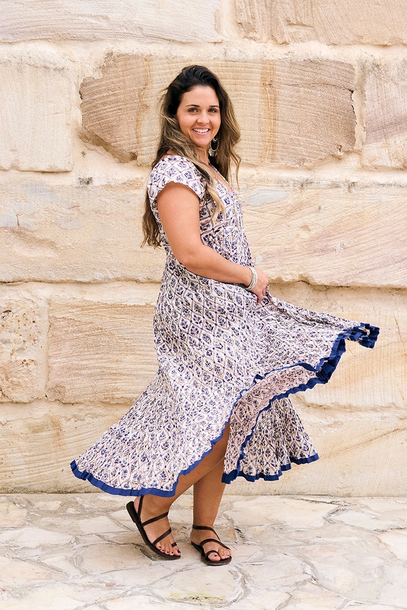 Womens Jalabi dress, 100% cotton, hand block print. In soft blue & lilac Morning Dew print.