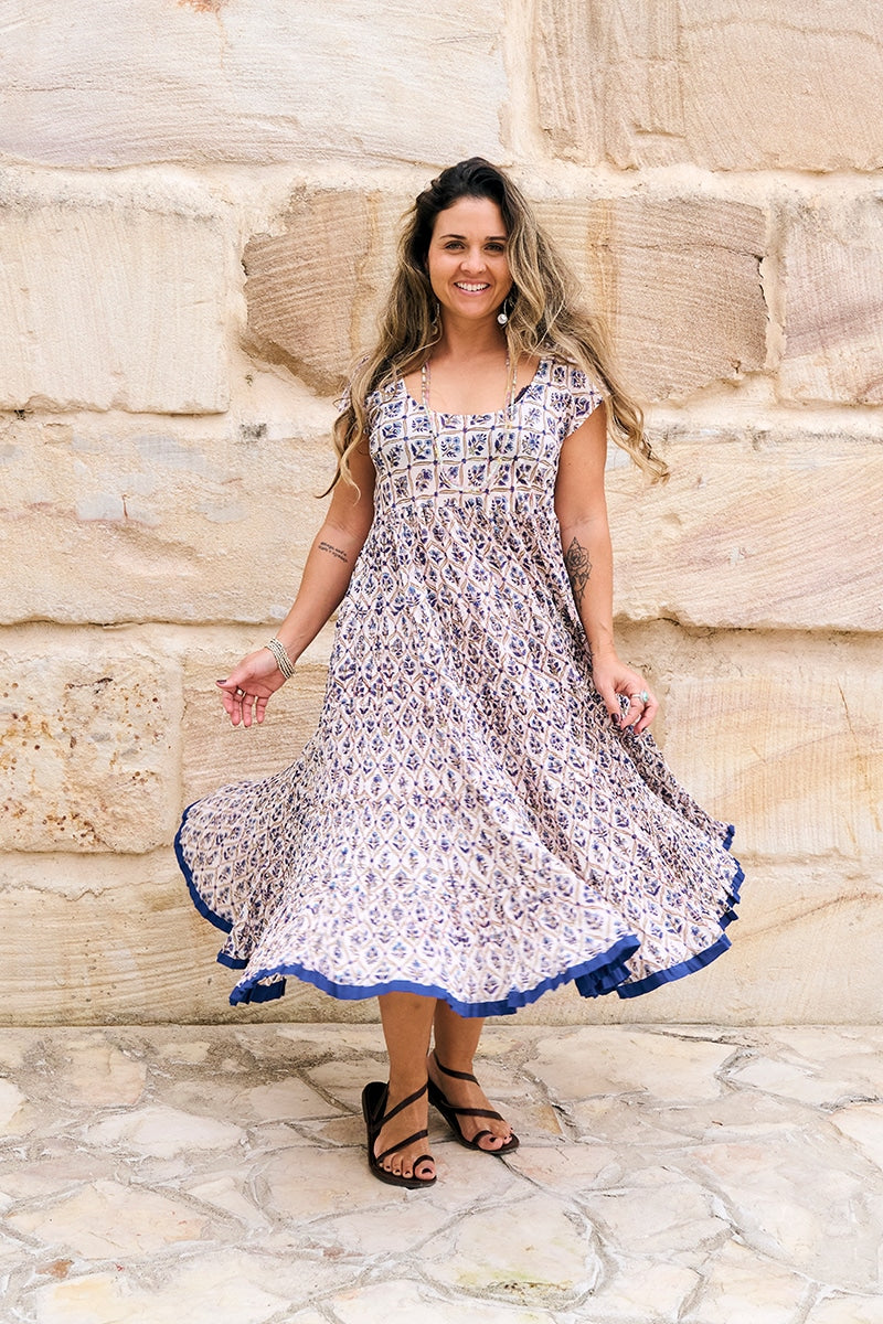 Womens Jalabi dress, 100% cotton, hand block print. In soft blue & lilac Morning Dew print.
