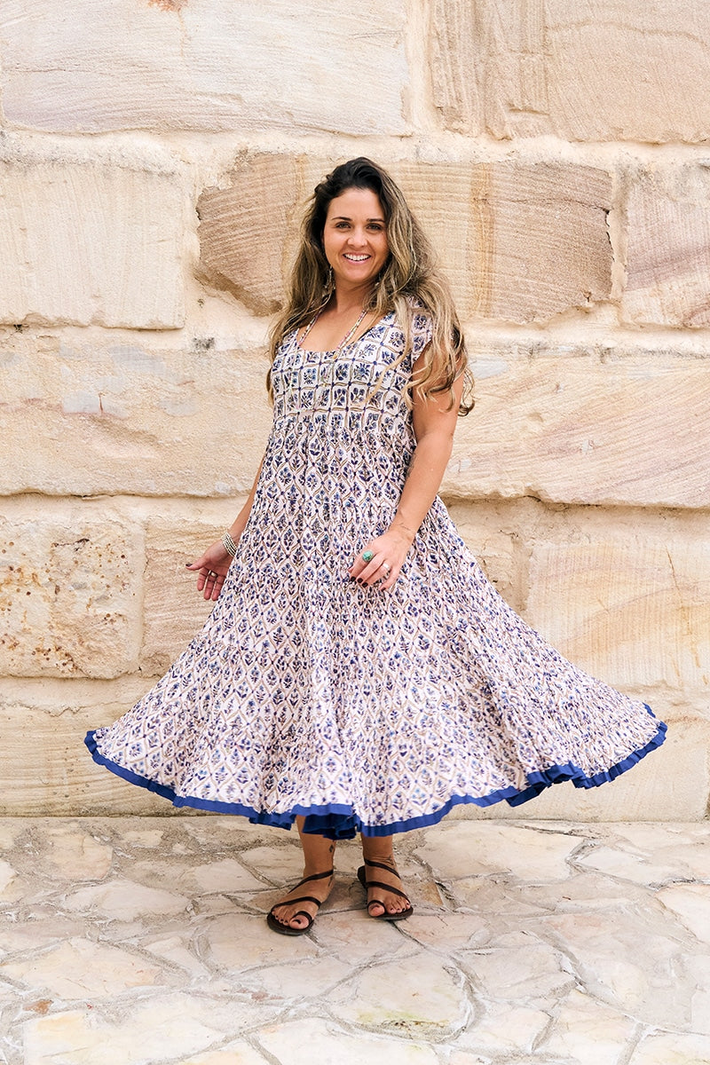 Womens Jalabi dress, 100% cotton, hand block print. In soft blue & lilac Morning Dew print.