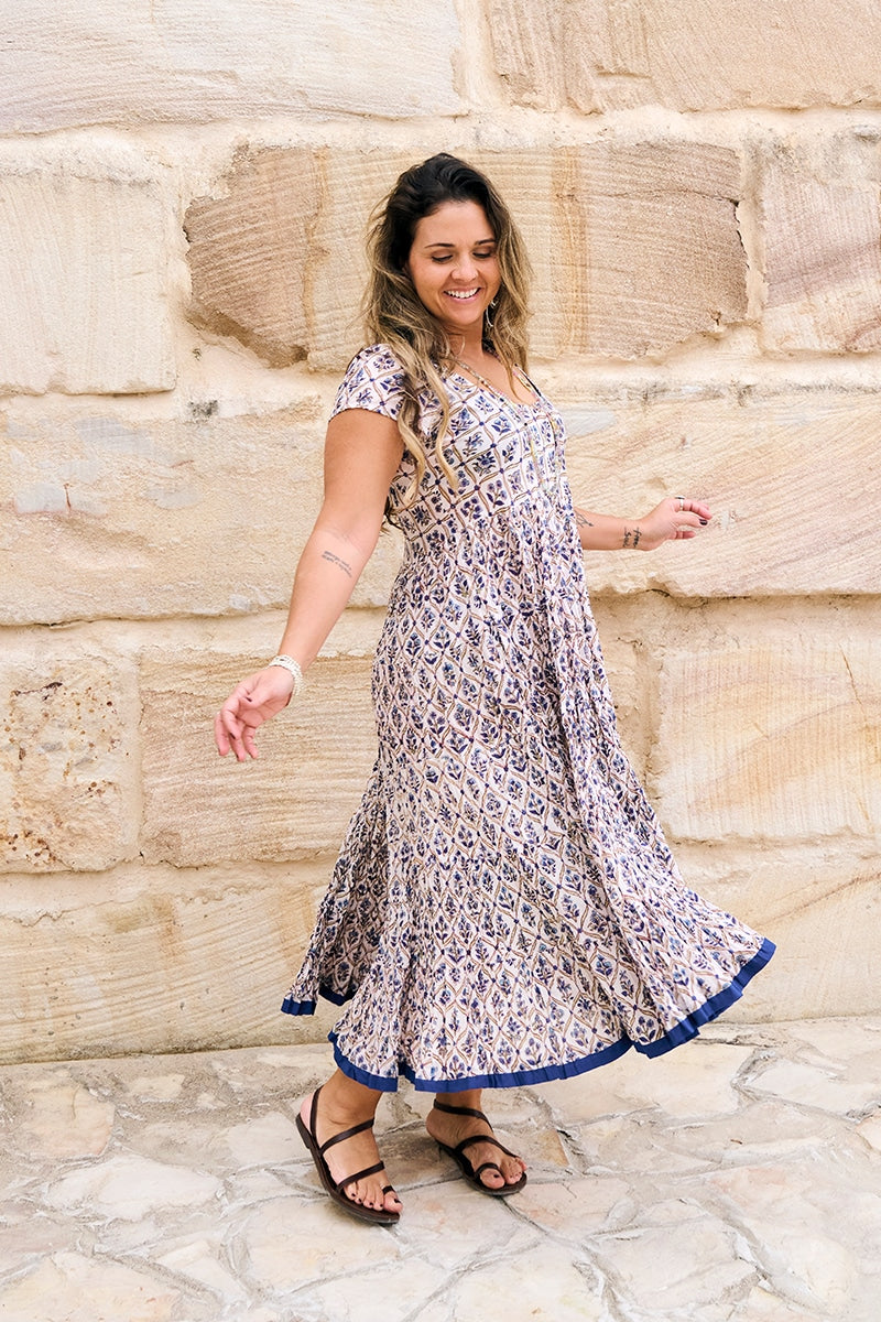 Womens Jalabi dress, 100% cotton, hand block print. In soft blue & lilac Morning Dew print.