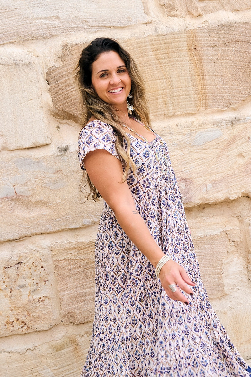 Womens Jalabi dress, 100% cotton, hand block print. In soft blue & lilac Morning Dew print.