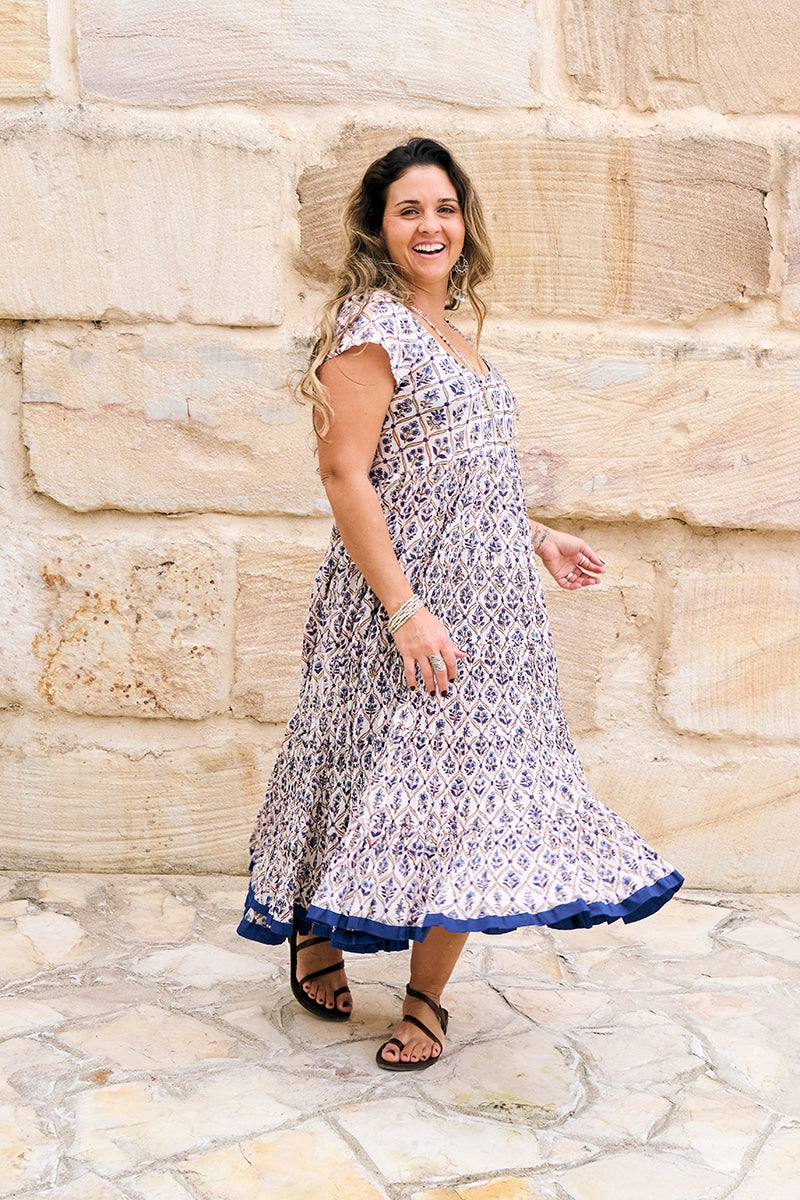 Womens Jalabi dress, 100% cotton, hand block print. In soft blue & lilac Morning Dew print.