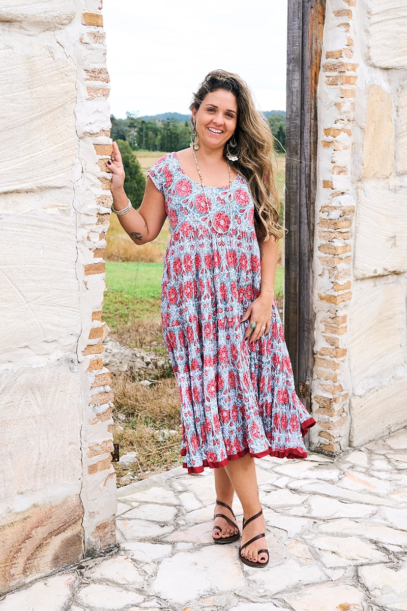 Womens Jalabi dress, 100% cotton, hand block print. In Floria