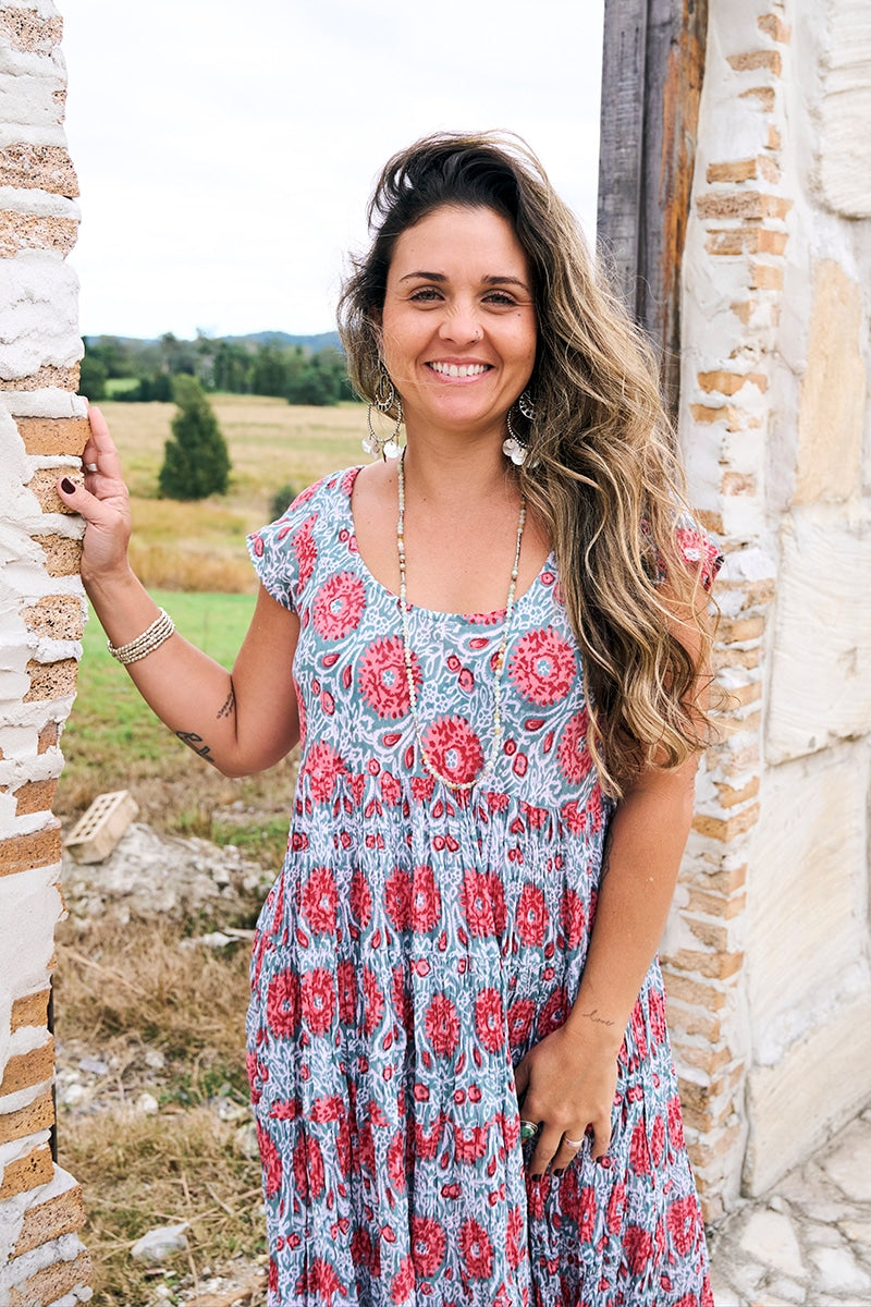 Womens Jalabi dress, 100% cotton, hand block print. In Floria